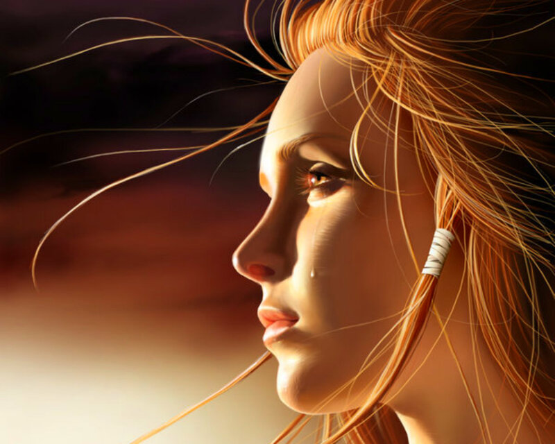 Woman with Red Hair — Orange, Dramatic, Sunset, Digital Art, Tear