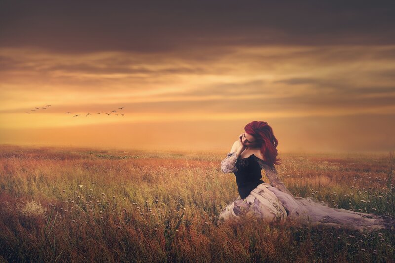 Woman with Red Hair — Orange, Dramatic, Sunset, Photograph, Field
