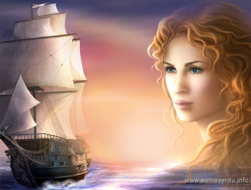 Woman with Red Hair — Orange, Serene, Sunset, Digital Art