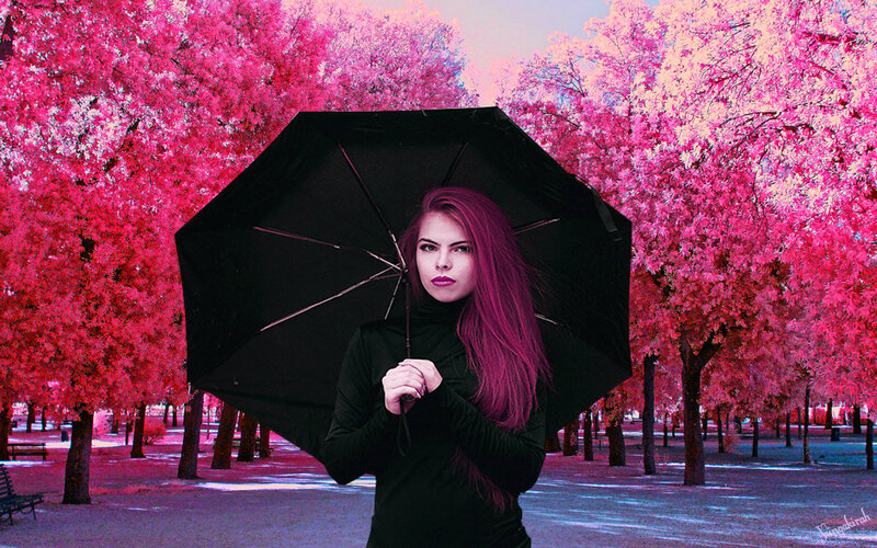 Woman with Red Hair — Pink, Dramatic, Photograph, Umbrella