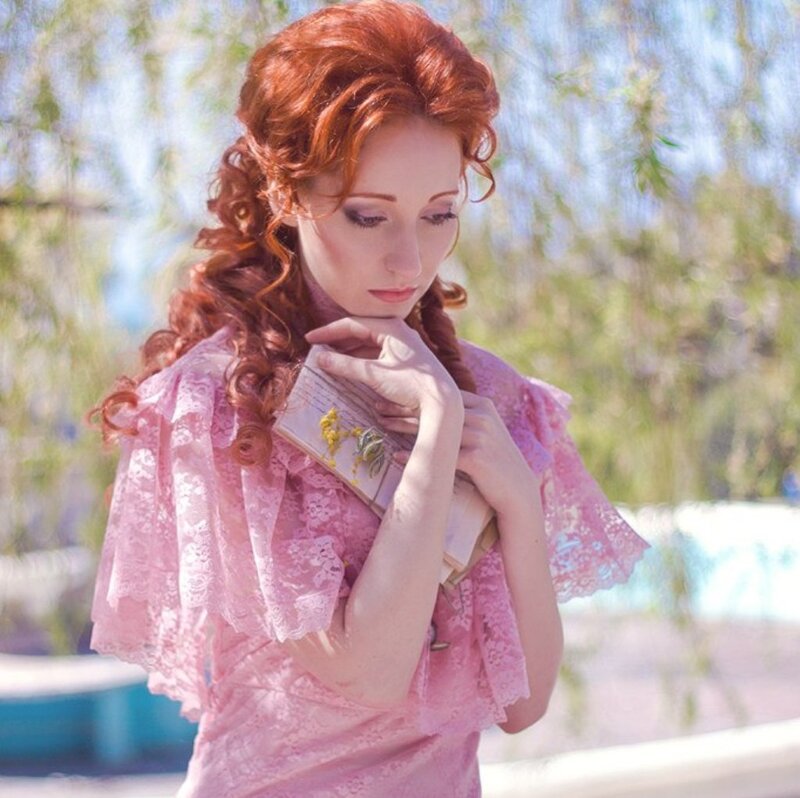 Woman with Red Hair — Pink, Serene, Afternoon