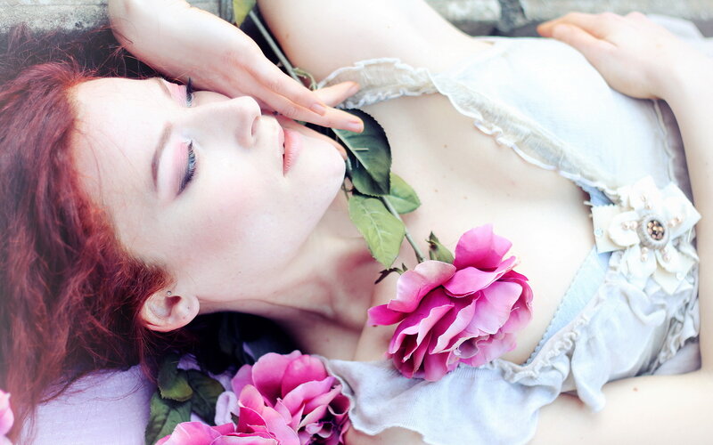 Woman with Red Hair — Pink, Serene, Photograph