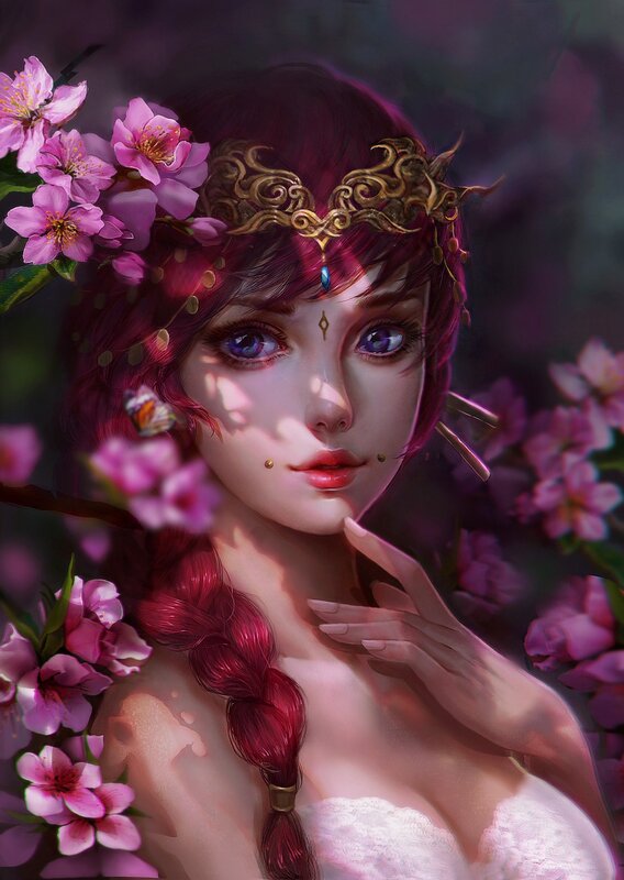 Woman with Red Hair — Pink, Serene, Spring, Digital Art