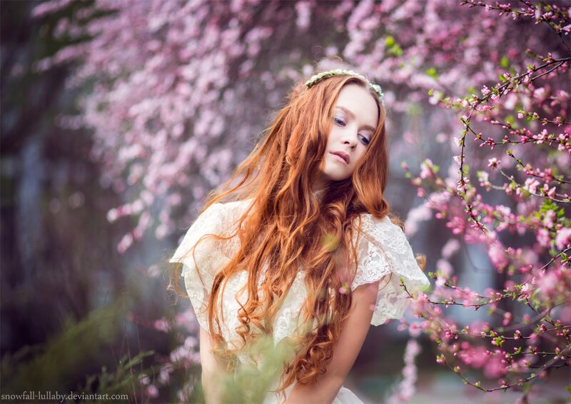 Woman with Red Hair — Pink, Serene, Spring, Photograph, Flower Crown