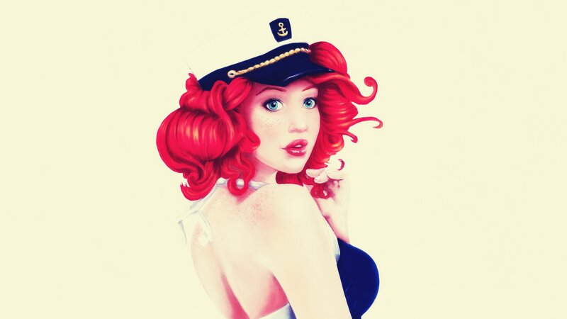 Woman with Red Hair — Playful, Digital Art, Hat