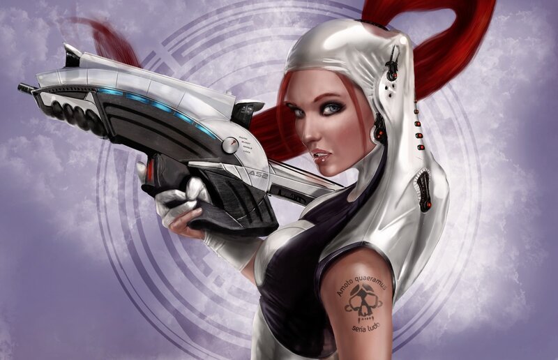 Woman with Red Hair — Purple, Dramatic, Digital Art, Gun