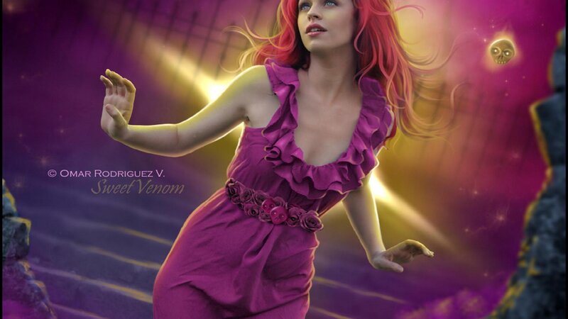 Woman with Red Hair — Purple, Dramatic, Digital Art, Skull