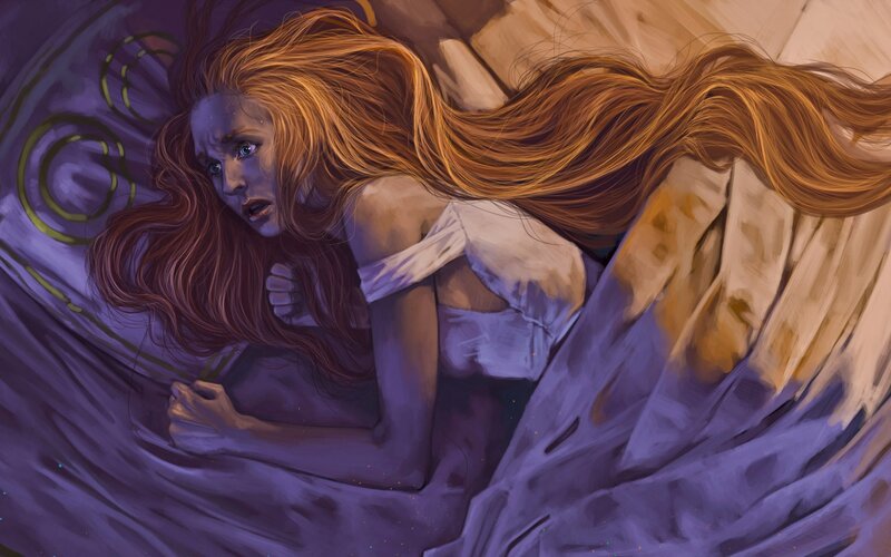 Woman with Red Hair — Purple, Dramatic, Night, Digital Art, Bed