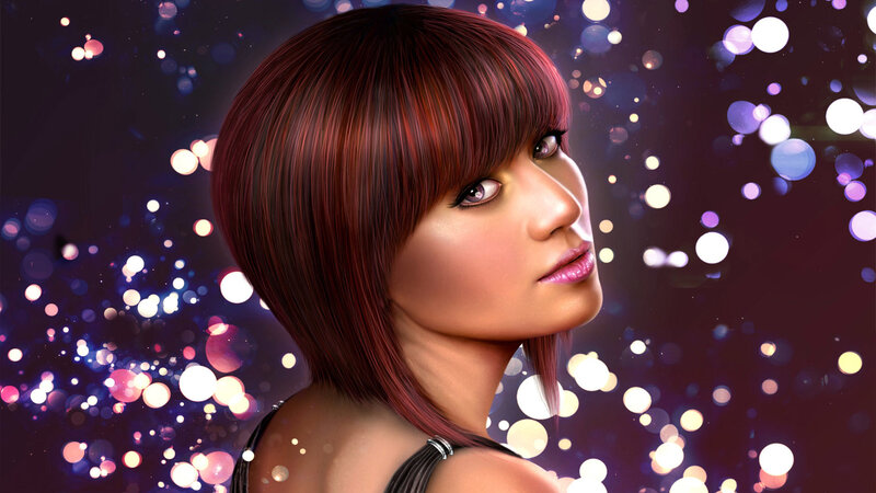 Woman with Red Hair — Purple, Dramatic, Night, Digital Art, Eyes, Background