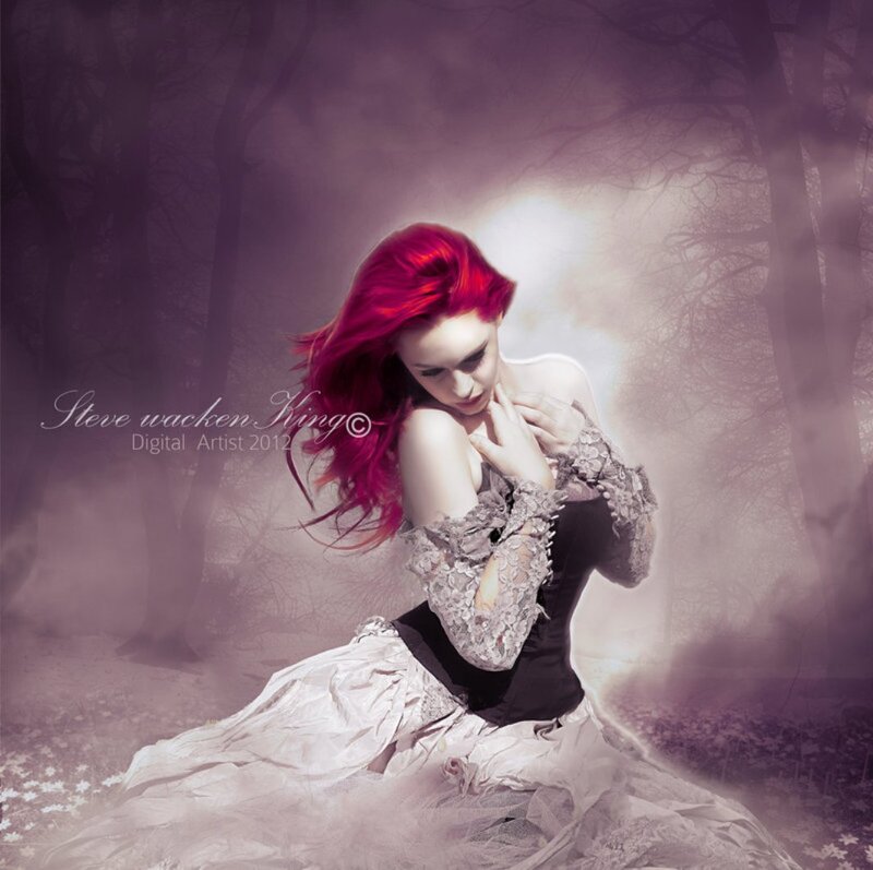 Woman with Red Hair — Purple, Dramatic, Night, Digital Art, Forest, Dress