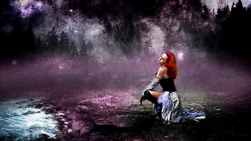 Woman with Red Hair — Purple, Dramatic, Night, Digital Art, Forest