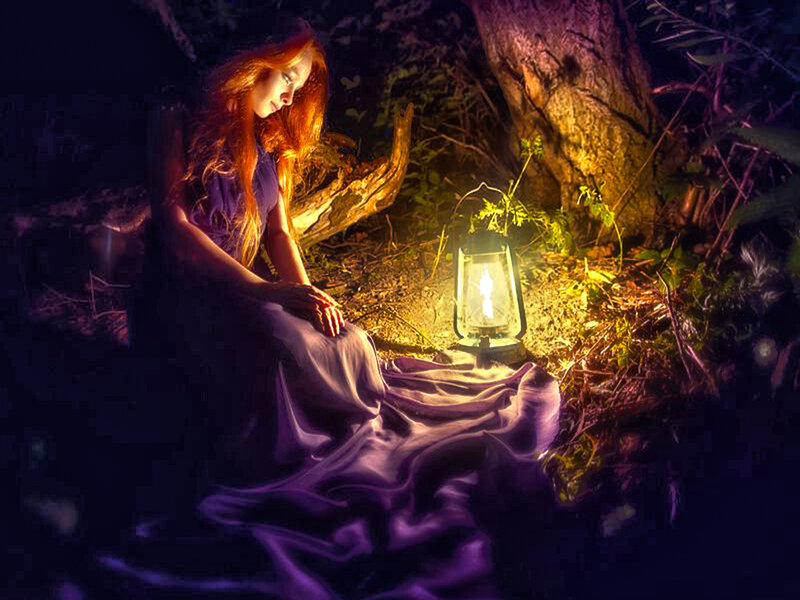 Woman with Red Hair — Purple, Dramatic, Night, Digital Art, Lantern