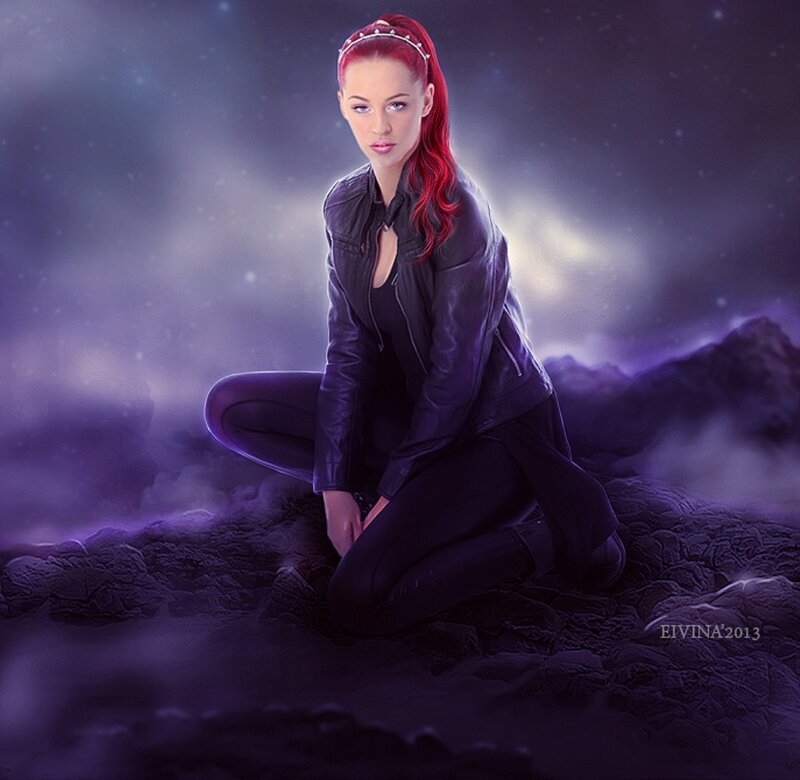 Woman with Red Hair — Purple, Dramatic, Night, Digital Art, Leather Jacket