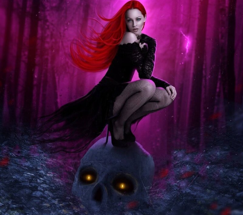 Woman with Red Hair — Purple, Dramatic, Night, Digital Art, Skull