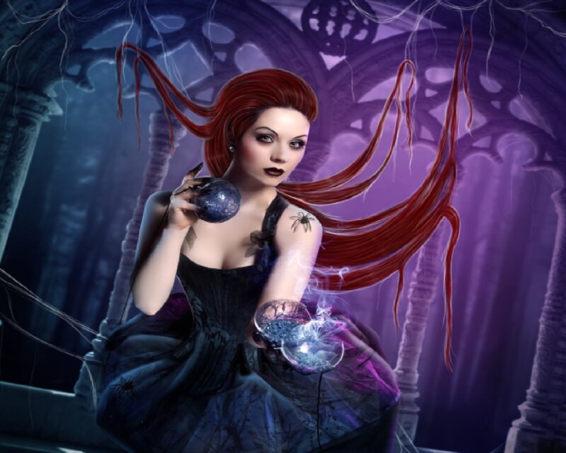 Woman with Red Hair — Purple, Dramatic, Night, Digital Art, Spider Tattoo
