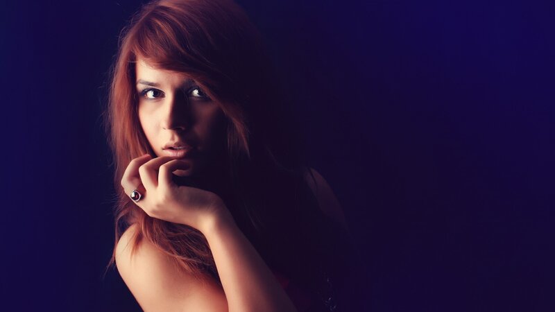 Woman with Red Hair — Purple, Dramatic, Night, Photograph, Hand, Ring