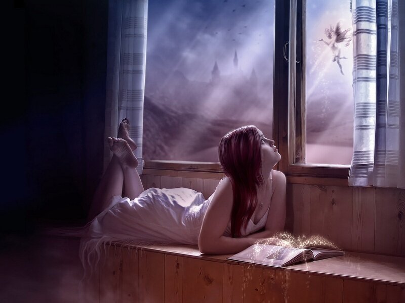 Woman with Red Hair — Purple, Dreamy, Night
