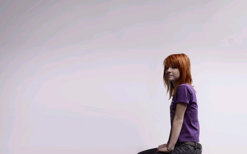 Woman with Red Hair — Purple, Neutral, Photograph, Purple Shirt, Jeans