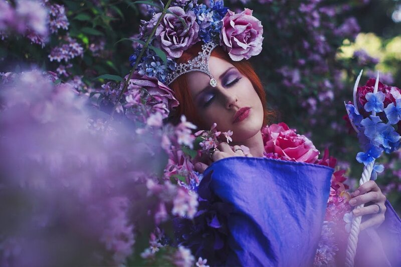Woman with Red Hair — Purple, Serene, Afternoon, Photograph, Flowers
