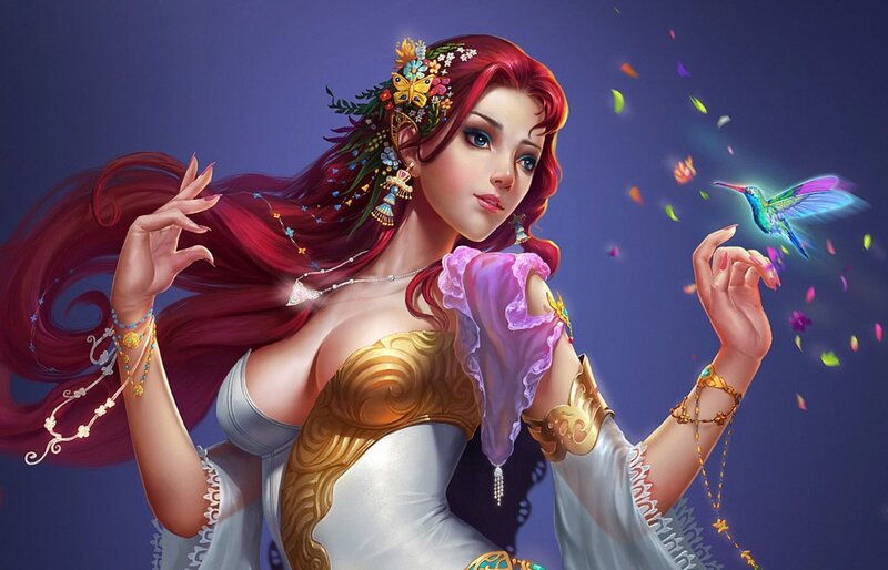 Woman with Red Hair — Purple, Serene, Digital Art
