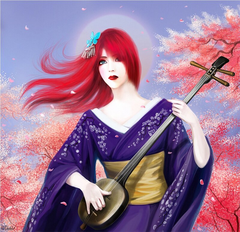 Woman with Red Hair — Purple, Serene, Spring, Digital Art