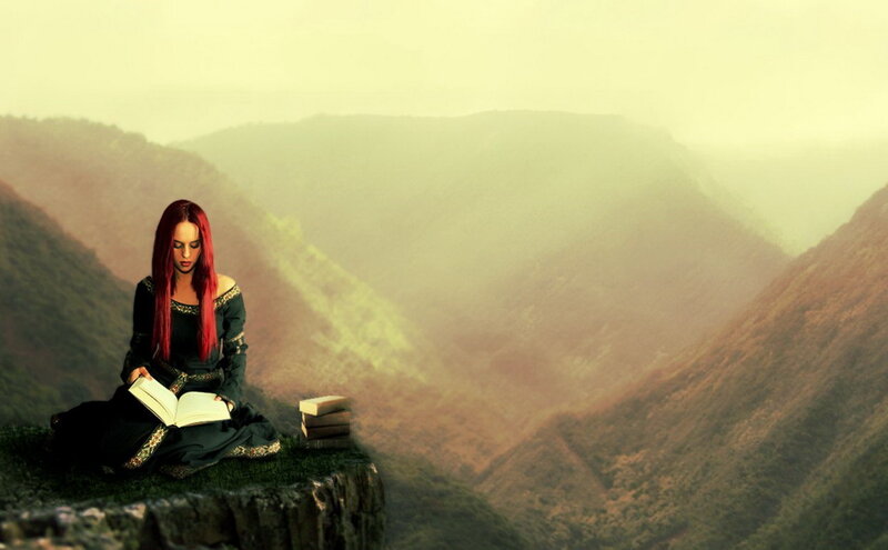 Woman with Red Hair Reading — Green