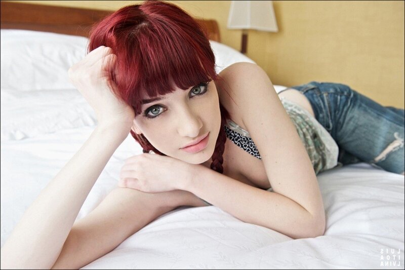 Woman with Red Hair — Relaxed, Photograph, Bed, Lamp