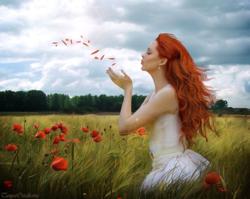 Woman with Red Hair — Serene, Afternoon, Digital Art, Field