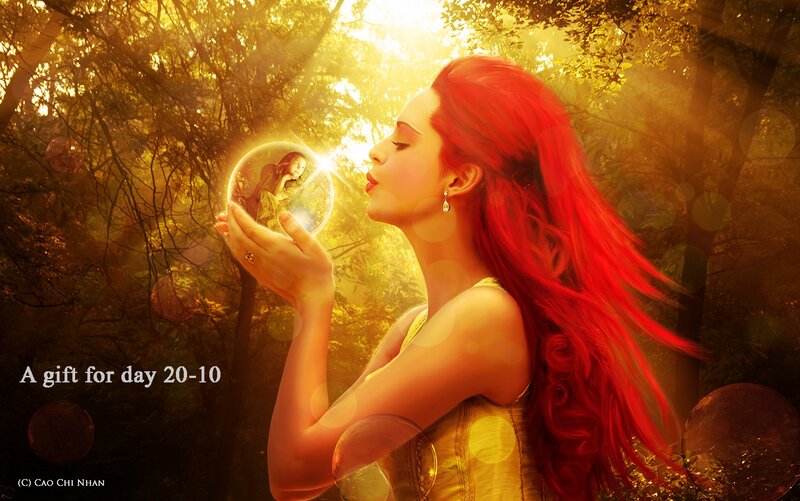 Woman with Red Hair — Serene, Afternoon, Digital Art, Forest