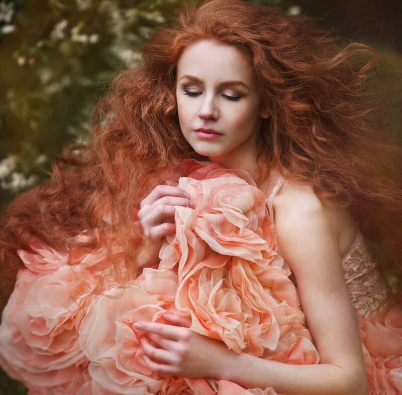 Woman with Red Hair — Serene, Afternoon, Photograph, Flower Dress, Curly Hair
