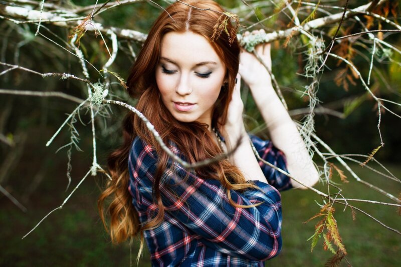 Woman with Red Hair — Serene, Afternoon, Photograph, Plaid Shirt, Tree Branches