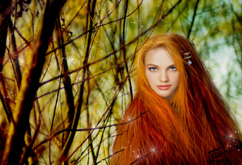 Woman with Red Hair — Serene, Autumn, Digital Art, Forest, Branches