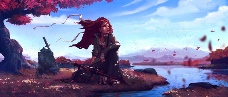 Woman with Red Hair — Serene, Autumn, Digital Art, Sword