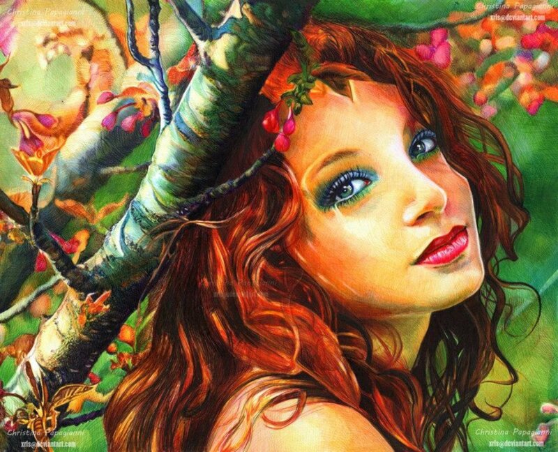Woman with Red Hair — Serene, Autumn, Digital Art, Tree