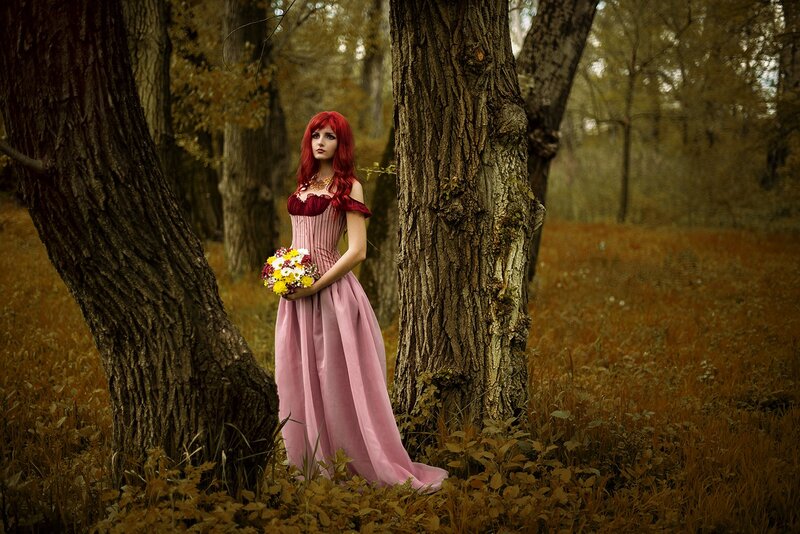 Woman with Red Hair — Serene, Autumn, Photograph, Flowers