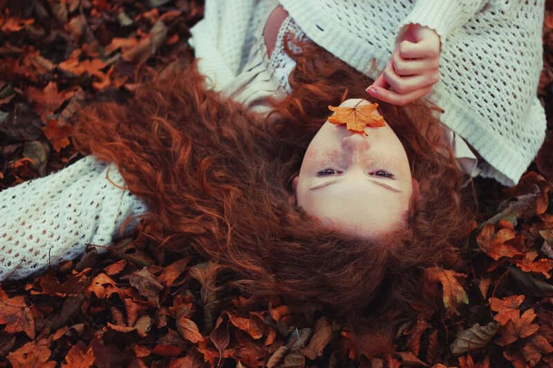 Woman with Red Hair — Serene, Autumn, Photograph, Leaf