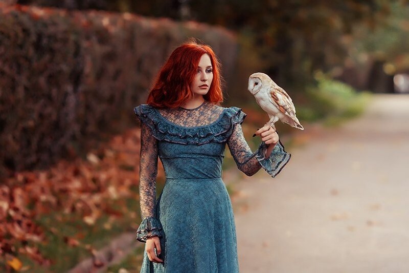 Woman with Red Hair — Serene, Autumn, Photograph, Owl