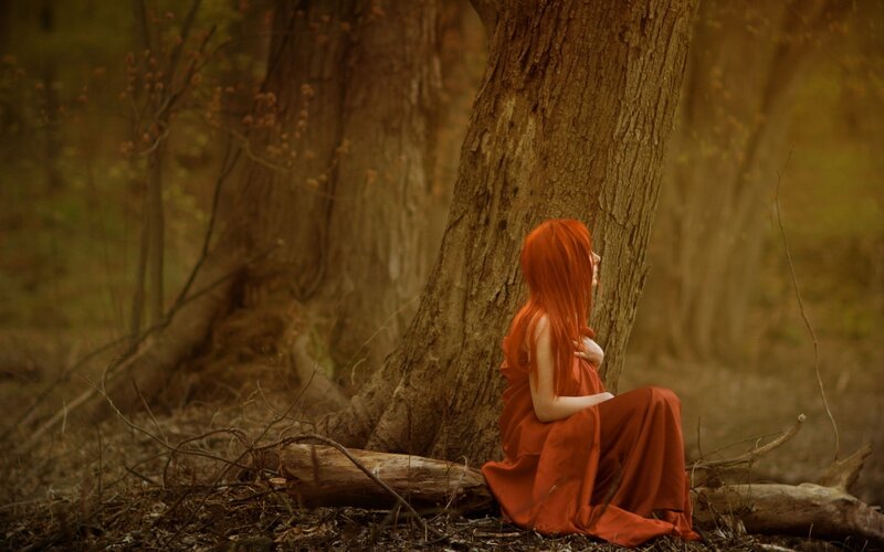 Woman with Red Hair — Serene, Autumn, Photograph, Tree, Forest