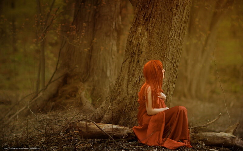 Woman with Red Hair — Serene, Autumn, Photograph, Tree