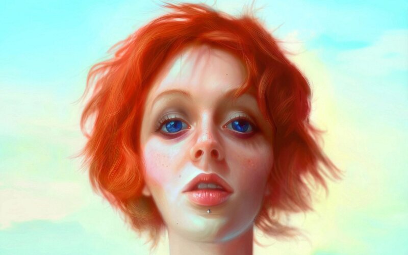Woman with Red Hair — Serene, Digital Art, Blue Eyes, Piercing