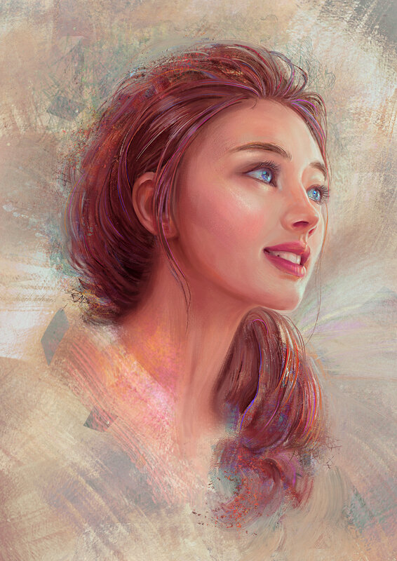 Woman with Red Hair — Serene, Digital Art, Blue Eyes, Shoulder