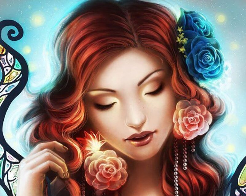 Woman with Red Hair — Serene, Digital Art, Blue Roses