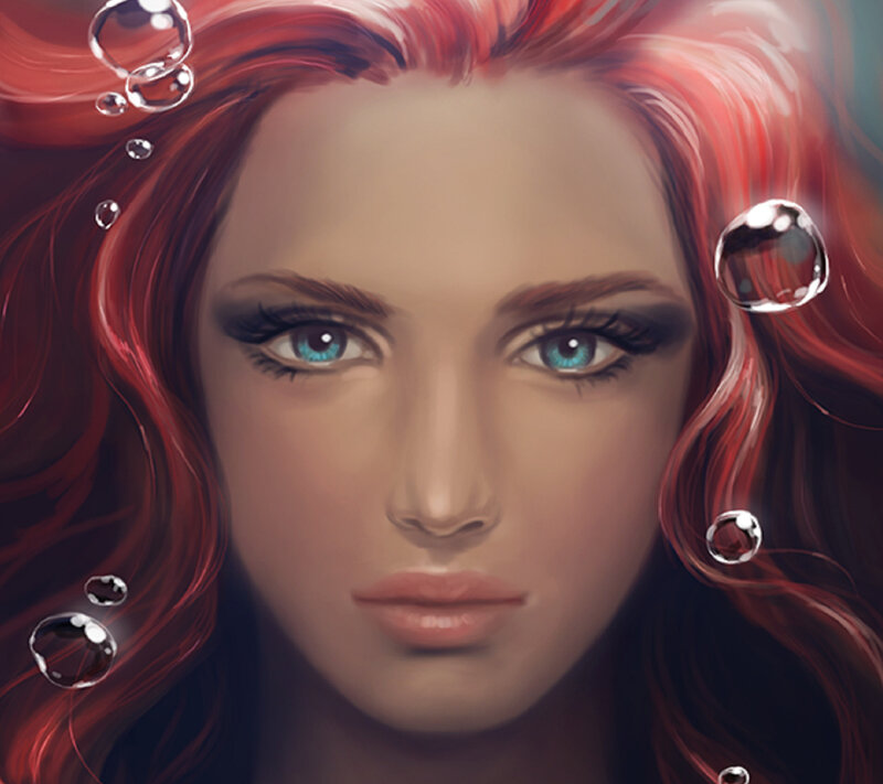 Woman with Red Hair — Serene, Digital Art, Bubbles, Blue Eyes