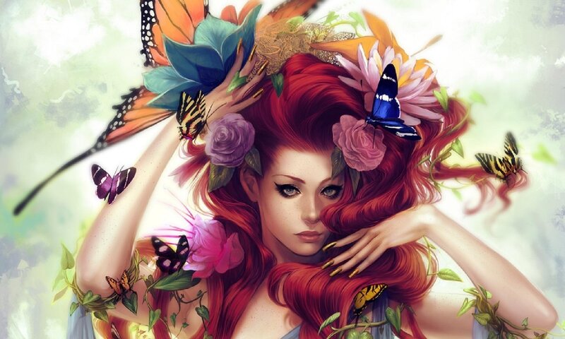 Woman with Red Hair — Serene, Digital Art, Butterflies, Flowers, Vines