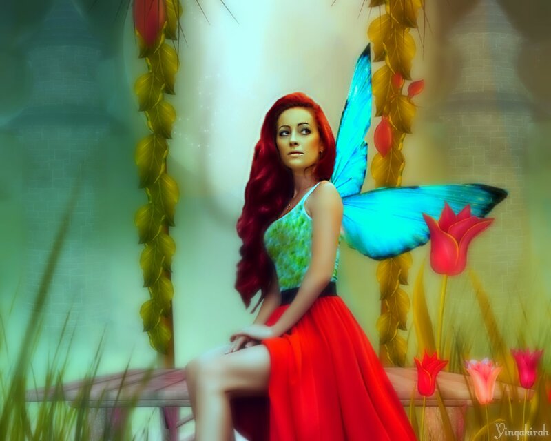 Woman with Red Hair — Serene, Digital Art, Butterfly Wings