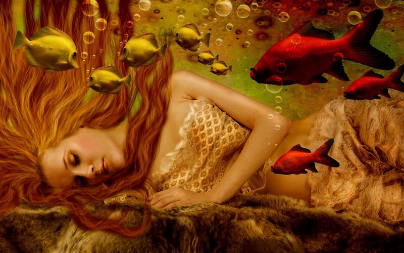 Woman with Red Hair — Serene, Digital Art, Fish