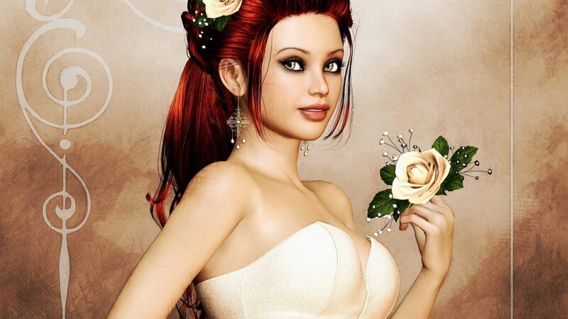 Woman with Red Hair — Serene, Digital Art, Flower, Dress