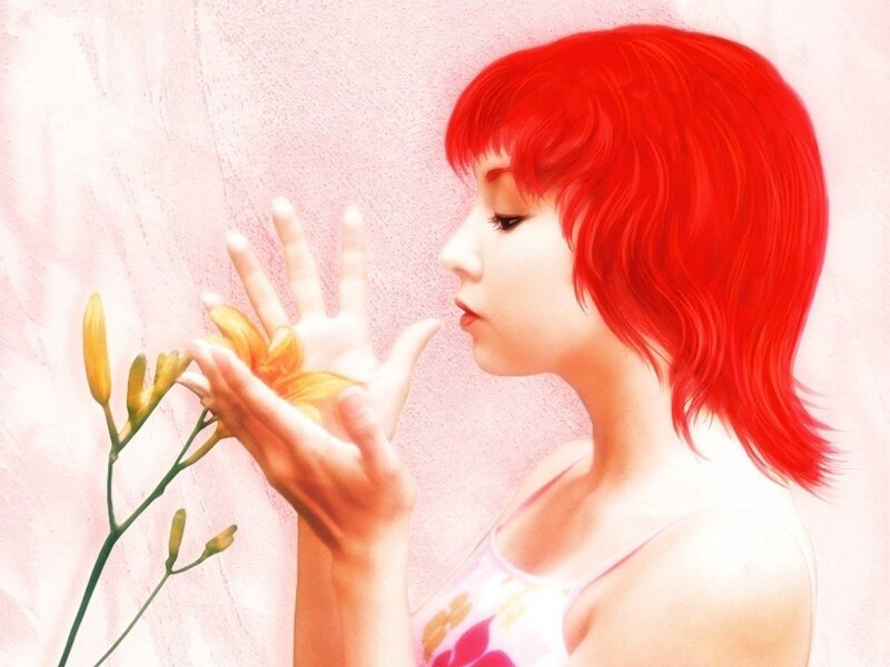 Woman with Red Hair — Serene, Digital Art, Flower