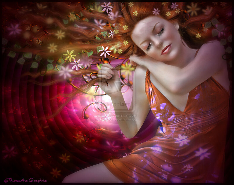 Woman with Red Hair — Serene, Digital Art, Flowers