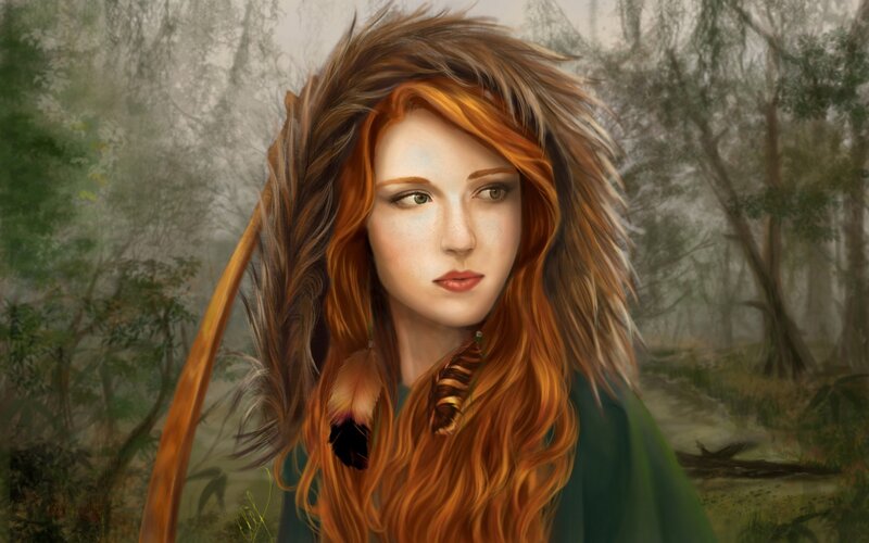 Woman with Red Hair — Serene, Digital Art, Forest, Feather